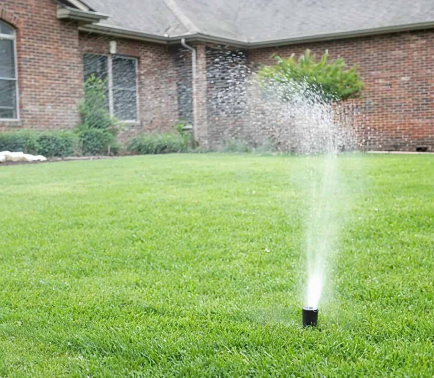 Sprinkler creating a rainbow over a landscaped lawn